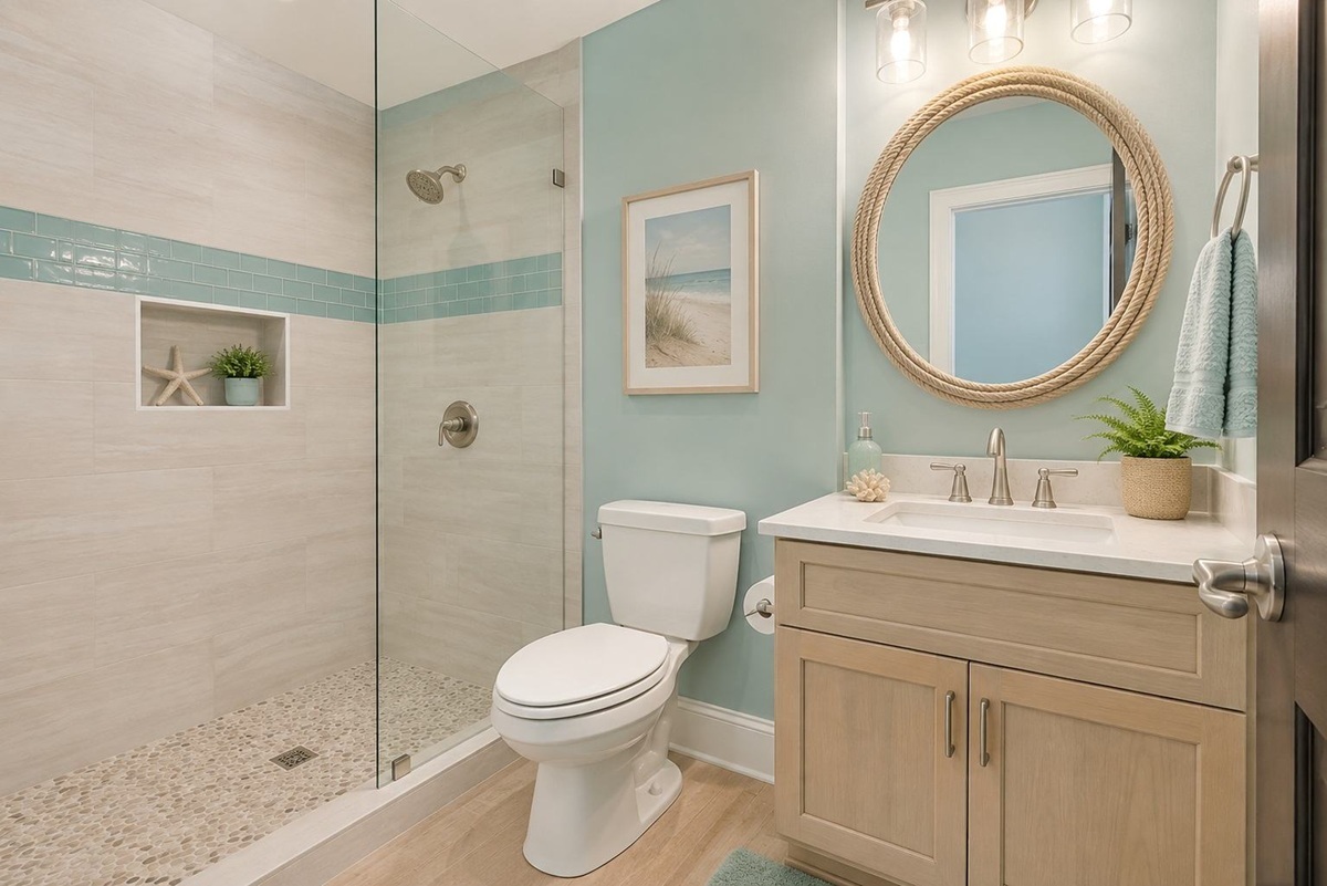 Finished coastal bathroom
