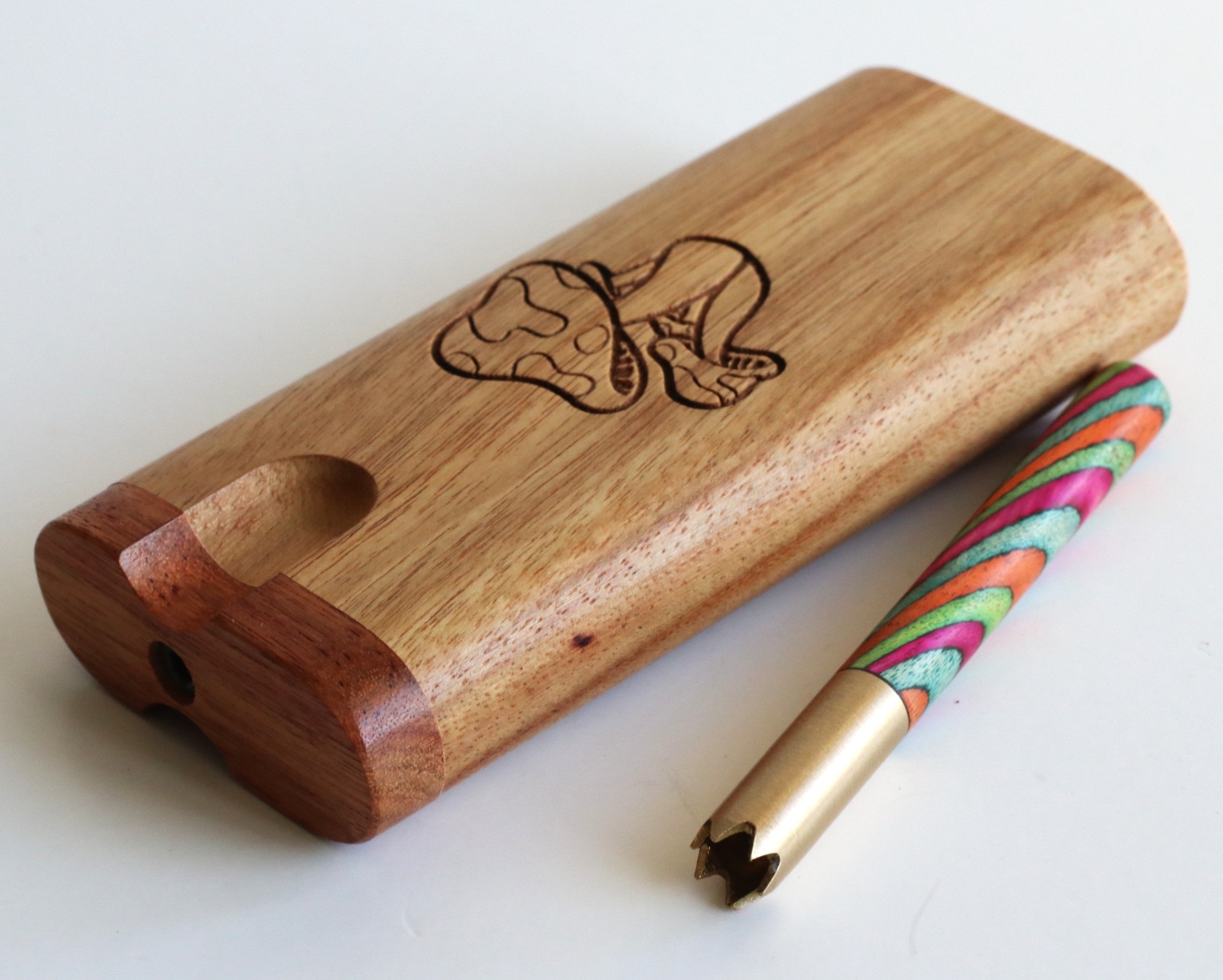 4" Mahogany Swivel Lid Dugouts & One Hitter Pipe-Mushroom Etched Stash Box