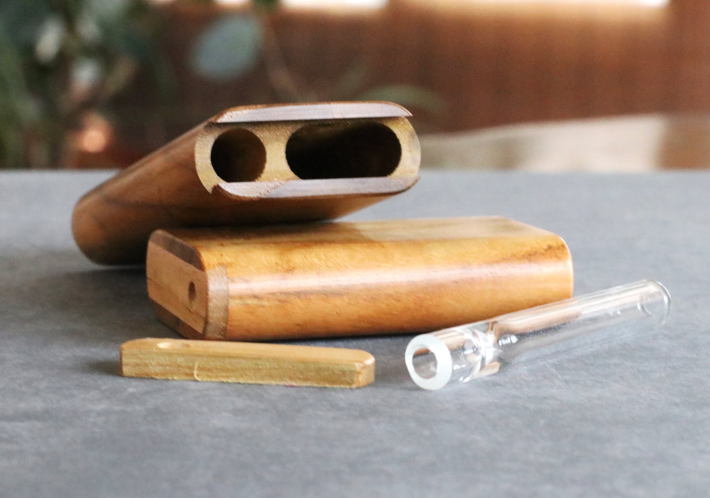 Teak Slider Lid Dugouts & One Hitter Pipe- American Handcrafted Stash Box - Exotic Wood Dugout & Brass One Hitter Pipe