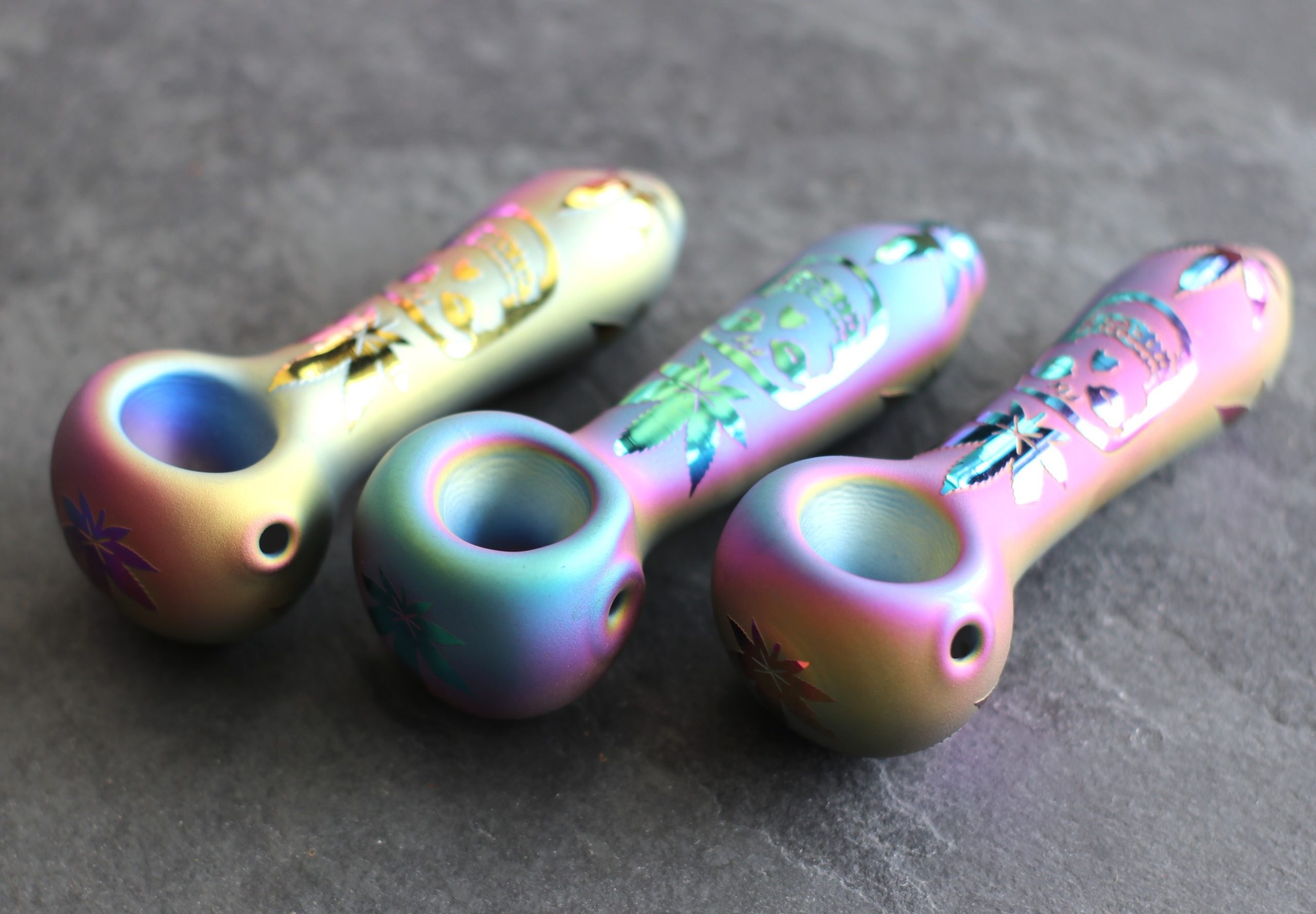 4" Glass Spoon Pipe w/colorful ceramic coating-Rainbow Skull - Glass Spoon Pipes