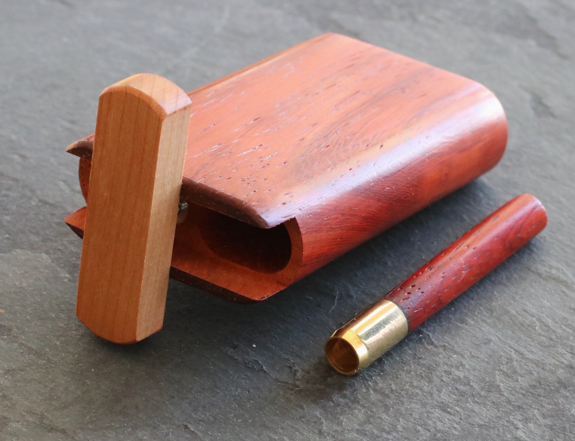 3" Snap Lock Dugout & One Hitter Pipe-Red Padauk-American Crafted Exotic Wood Stash Box